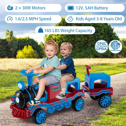 3-Seater Trackless Ride on Train Set 12V Ride on Toy Car with 2 Removable Chairs-Blue