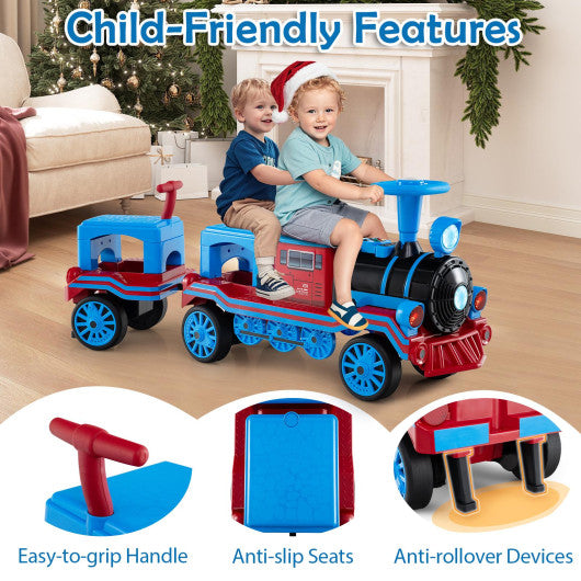 3-Seater Trackless Ride on Train Set 12V Ride on Toy Car with 2 Removable Chairs-Blue