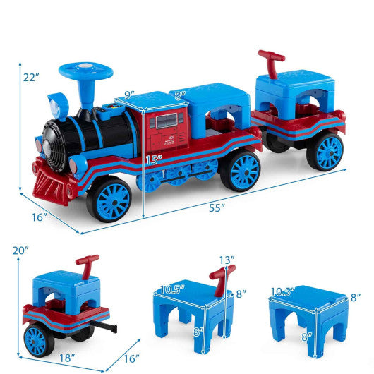 3-Seater Trackless Ride on Train Set 12V Ride on Toy Car with 2 Removable Chairs-Blue