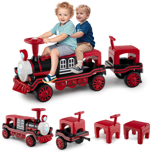 3-Seater Trackless Ride on Train Set 12V Ride on Toy Car with 2 Removable Chairs-Red