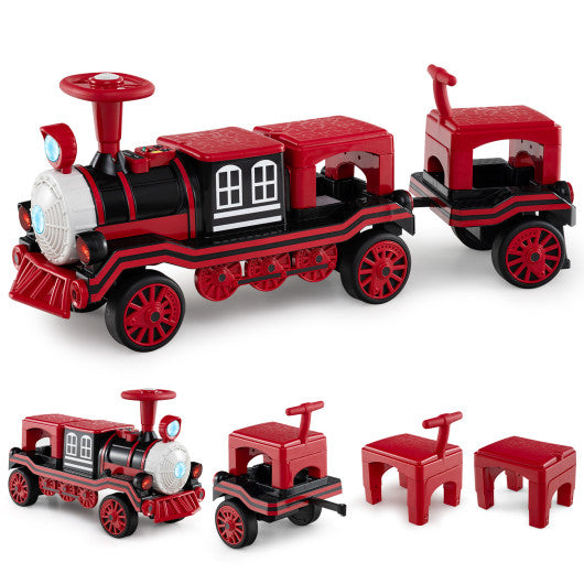 3-Seater Trackless Ride on Train Set 12V Ride on Toy Car with 2 Removable Chairs-Red