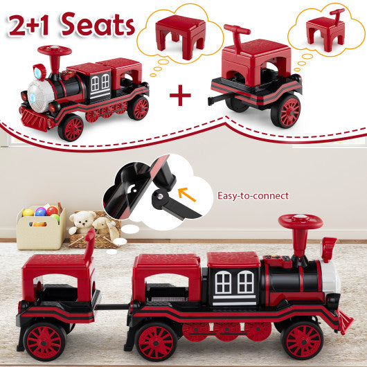 3-Seater Trackless Ride on Train Set 12V Ride on Toy Car with 2 Removable Chairs-Red