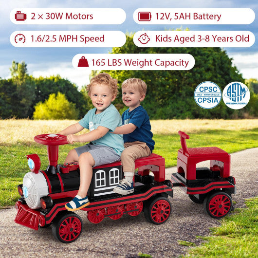 3-Seater Trackless Ride on Train Set 12V Ride on Toy Car with 2 Removable Chairs-Red