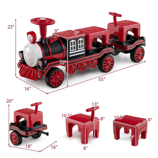3-Seater Trackless Ride on Train Set 12V Ride on Toy Car with 2 Removable Chairs-Red