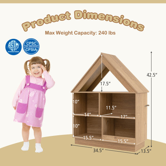 3-Tier House-Shaped Toy Storage Organizer with Open Shelves-Natural