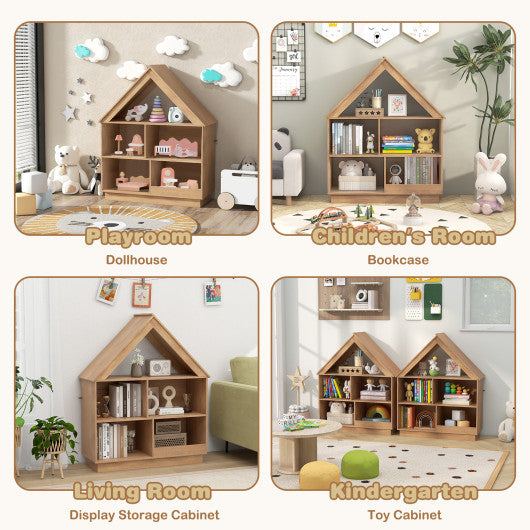 3-Tier House-Shaped Toy Storage Organizer with Open Shelves-Natural