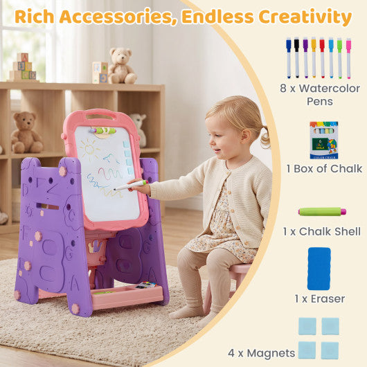 4 in 1 Art Easel for Kids with Double Sided Magnetic Board-Pink