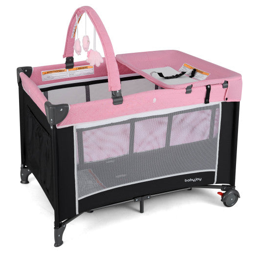 3-in-1 Portable Baby Crib and Playpen with Changing Table-Pink