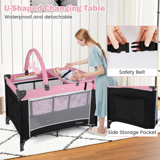 3-in-1 Portable Baby Crib and Playpen with Changing Table-Pink