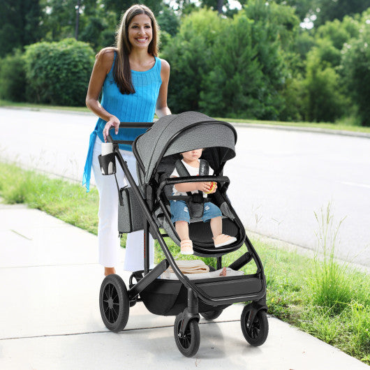 3-in-1 Folding Convertible Newborn Stroller with Detachable Bassinet-Gray