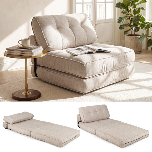 3-in-1 Folding Sofa with Bolster and Convertible Bed-Beige