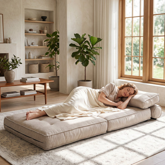 3-in-1 Folding Sofa with Bolster and Convertible Bed-Beige