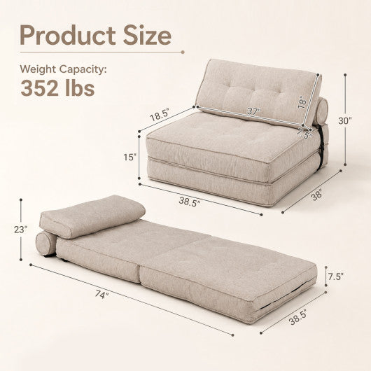3-in-1 Folding Sofa with Bolster and Convertible Bed-Beige
