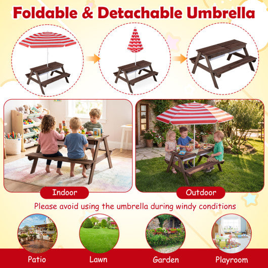 3-in-1 Kids Outdoor Picnic Water Sand Table with Removable Umbrella and Boxes-Red