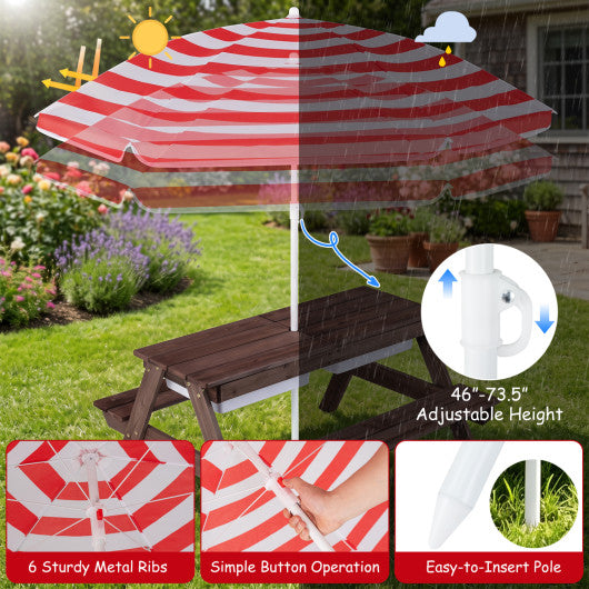 3-in-1 Kids Outdoor Picnic Water Sand Table with Removable Umbrella and Boxes-Red