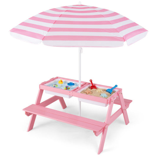 3-in-1 Kids Outdoor Picnic Water Sand Table with Removable Umbrella and Boxes-Pink