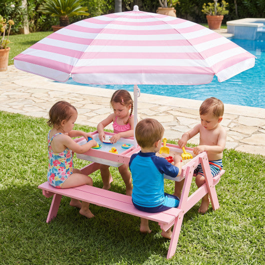 3-in-1 Kids Outdoor Picnic Water Sand Table with Removable Umbrella and Boxes-Pink