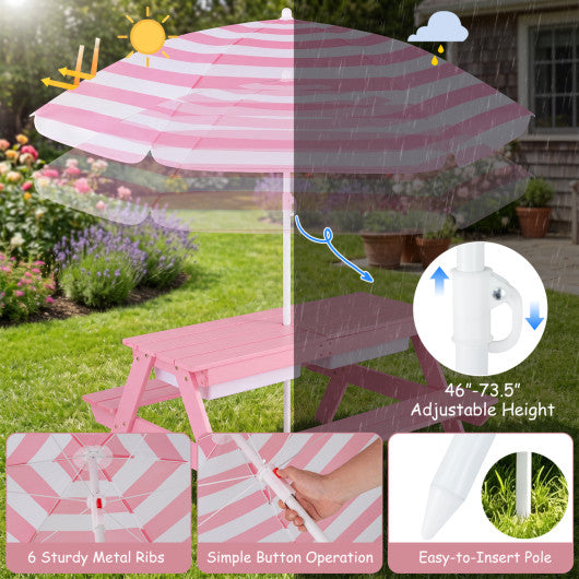 3-in-1 Kids Outdoor Picnic Water Sand Table with Removable Umbrella and Boxes-Pink