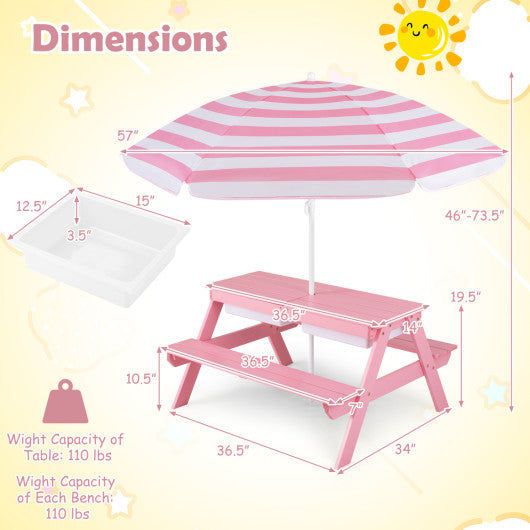3-in-1 Kids Outdoor Picnic Water Sand Table with Removable Umbrella and Boxes-Pink