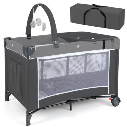 3-in-1 Portable Baby Crib and Playpen with Changing Table-Gray