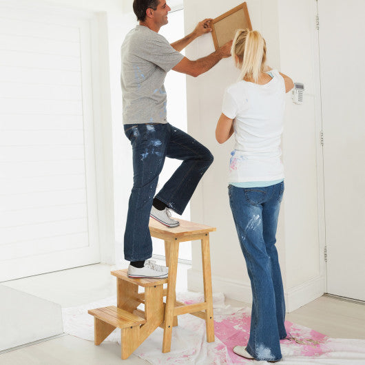 3-in-1 Rubber Wood Step Stool with Convenient Handle-Natural