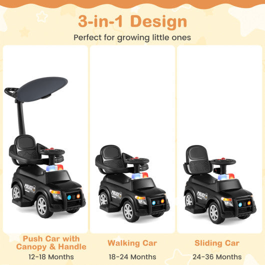 3-in-1 Toddler Push Car with Handle and Canopy Sliding Police Car with Siren-Black