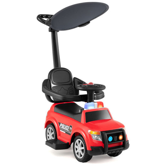 3-in-1 Toddler Push Car with Handle and Canopy Sliding Police Car with Siren-Red