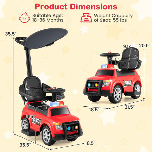 3-in-1 Toddler Push Car with Handle and Canopy Sliding Police Car with Siren-Red
