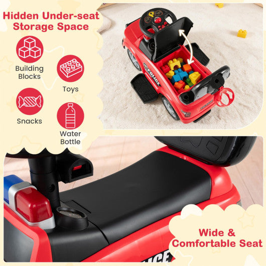 3-in-1 Toddler Push Car with Handle and Canopy Sliding Police Car with Siren-Red