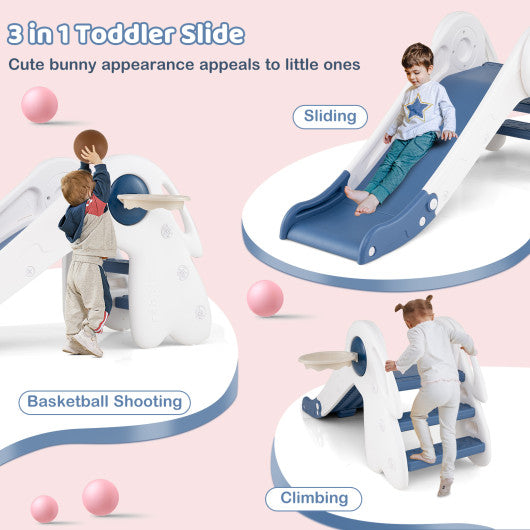 3 in 1 Toddler Slide Baby Slide Climber Playset with Basketball Hoop and Basketball-Blue