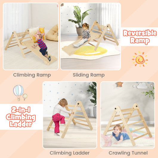 3-in-1 Climbing Set Foldable and Adjustable Kids Triangle Set-Natural