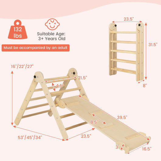 3-in-1 Climbing Set Foldable and Adjustable Kids Triangle Set-Natural