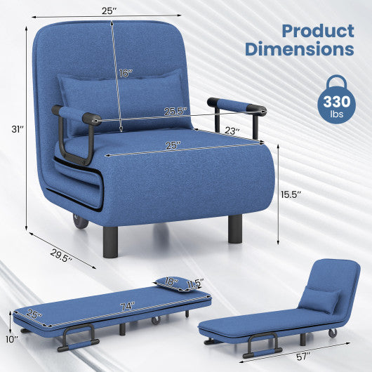 3-in-1 Convertible Sofa Bed with 5-Position Adjustable Backrest and Lumbar Pillow-Blue
