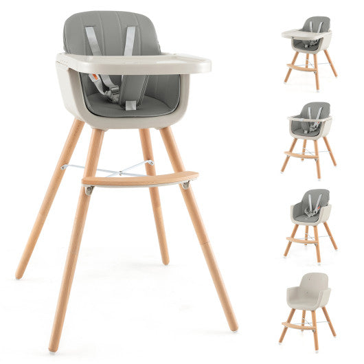 3-in-1 Convertible Wooden High Chair with Cushion-Gray