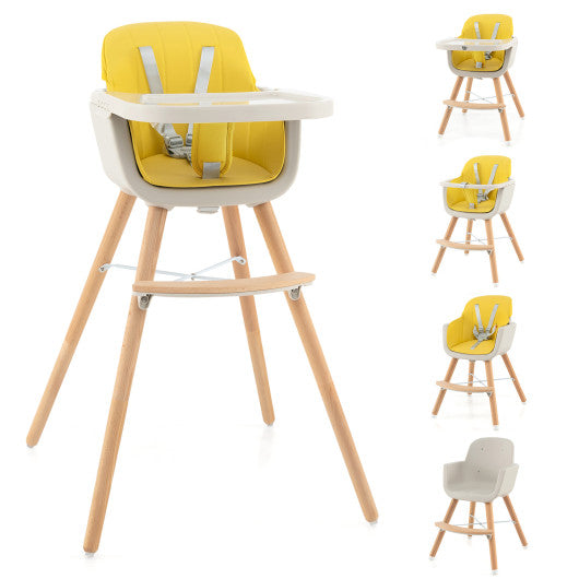 3-in-1 Convertible Wooden High Chair with Cushion-Yellow