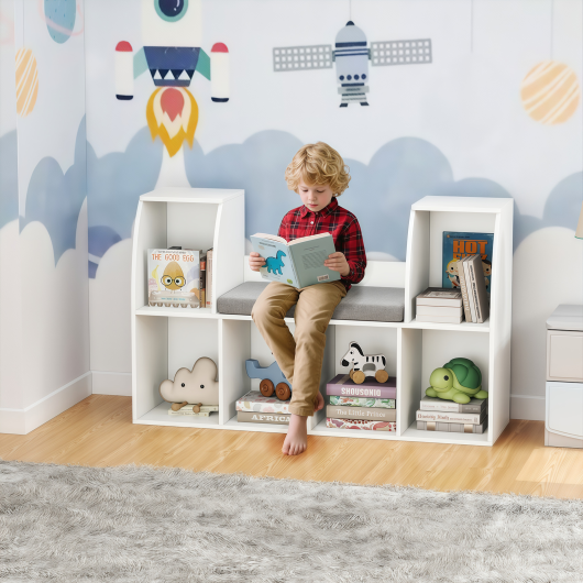 40 Inches Kids Bookshelf with Reading Nook Bookcase with 6 Open Cubes-White