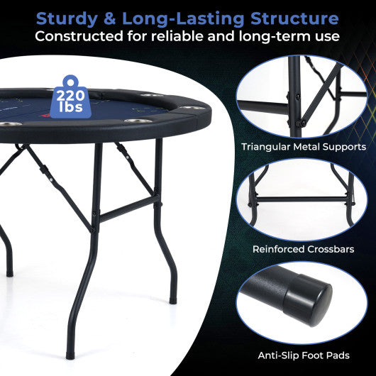 48 Inch Foldable Poker Table with 8 Cup Holders and Padded Edges-Blue