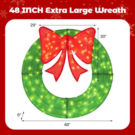 48 Inch Pre-Lit Lighted Christmas Mesh Wreath with Bow and 200 LED Bulbs-Green