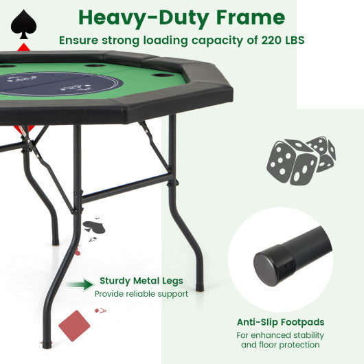 48 Inches Foldable Poker Table with Padded Rails and Cup Holders-Green