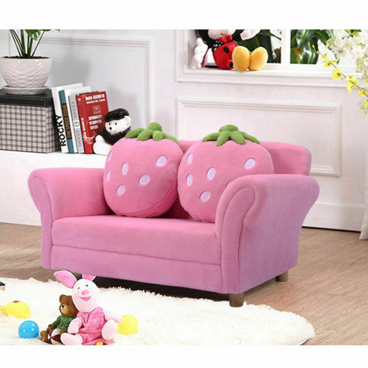 Kids Strawberry Armrest Chair Sofa with 2 Cute Strawberry Pillows-Pink