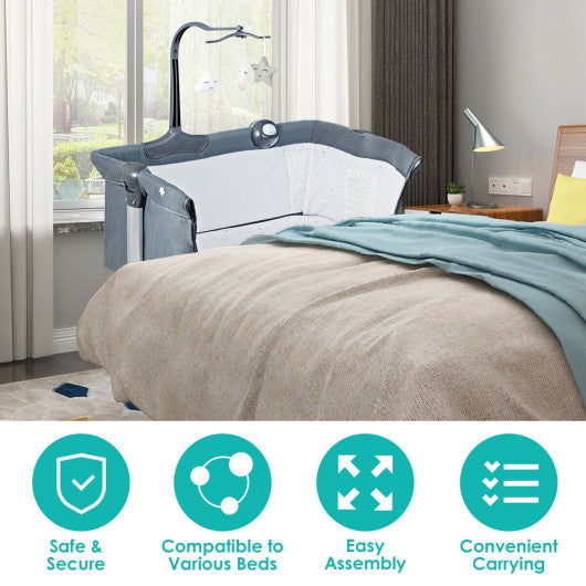 Height Adjustable Baby Side Crib with Music Box & Toys-Dark Gray