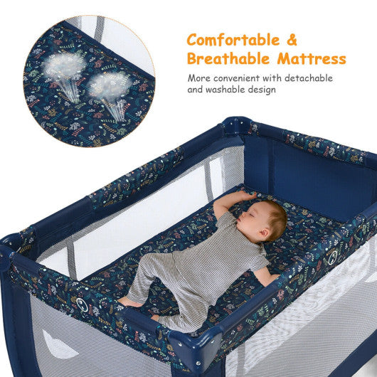 Portable Baby Playpen with Mattress Foldable Design-Blue