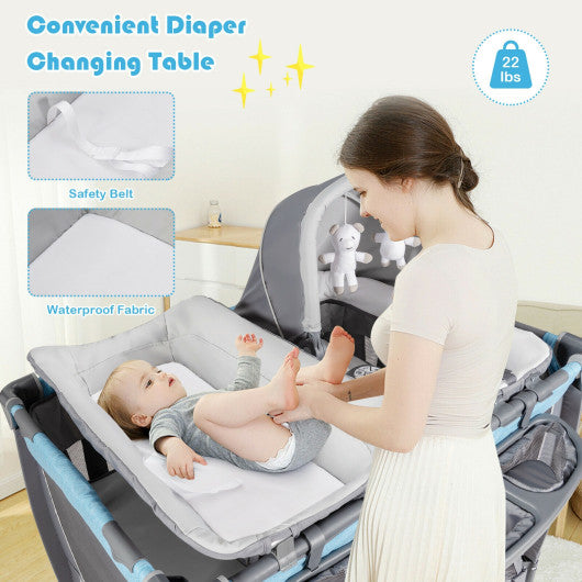 4-in-1 Convertible Portable Baby Play yard with Toys and Music Player-Blue