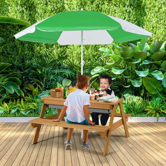 3-in-1 Kids Outdoor Picnic Water Sand Table with Umbrella Play Boxes-Green