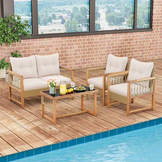 4 Pieces Outdoor Patio PE Wicker Conversation Bistro Set with Acacia Wood Frame-Brown