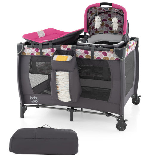 4-in-1 Convertible Portable Baby Playard Newborn Napper with Music and Toys-Pink