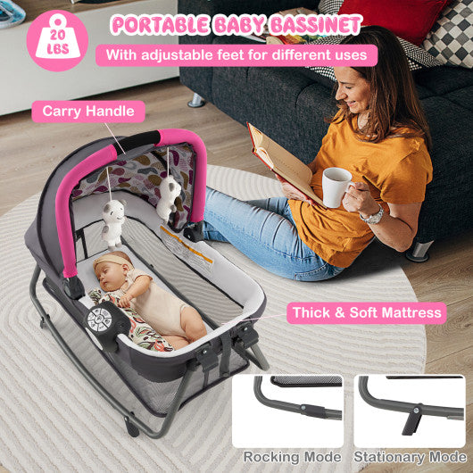 4-in-1 Convertible Portable Baby Playard Newborn Napper with Music and Toys-Pink