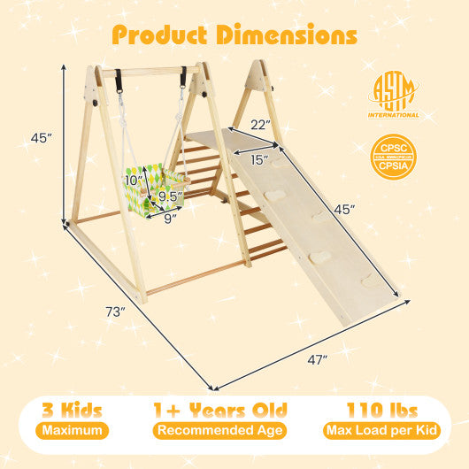 4-in-1 Indoor Jungle Gym with Baby Swing and Climbing Ramp-Natural