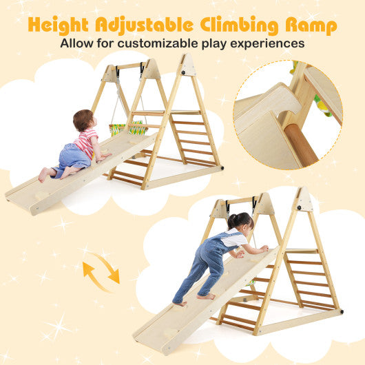 4-in-1 Indoor Jungle Gym with Baby Swing and Climbing Ramp-Natural