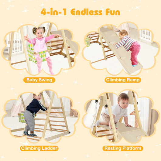 4-in-1 Indoor Jungle Gym with Baby Swing and Climbing Ramp-Natural